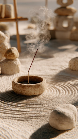 An incense stick burns gently, releasing wisps of smoke in a tranquil setting. The composition features a sand garden, meticulously raked with circular patterns. Soft, natural lighting bathes the scene, highlighting the textures of stones and wood. The image is suitable for various commercial uses, including wellness and relaxation themes.の素材