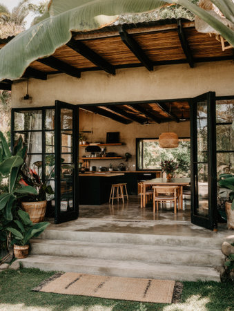 An open doorway reveals a sunlit interior space, featuring a kitchen and dining area. The exterior showcases greenery, stairs, and a rug. The composition benefits from natural lighting and earthy tones, creating a welcoming and serene atmosphere suitable for diverse commercial applications.の素材