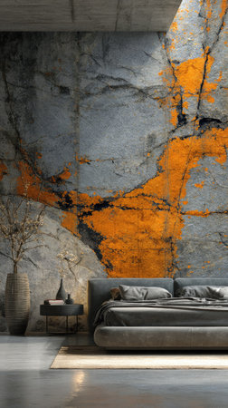 A contemporary bedroom showcases a dramatic concrete wall featuring bold orange streaks. The interior is illuminated by soft light, highlighting the textures and colors of the wall and furnishings. This modern design could be suitable for a variety of editorial or commercial projects.の素材