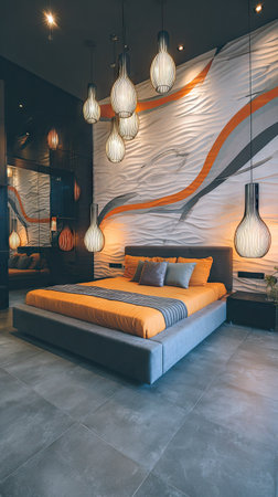 An interior shot features a contemporary bedroom with a gray bed and decorative overhead lights. The walls display a textured design with orange and gray accents. The room utilizes contrasting colors, offering a view suitable for commercial purposes. The overall design suggests a comfortable and inviting atmosphere.の素材