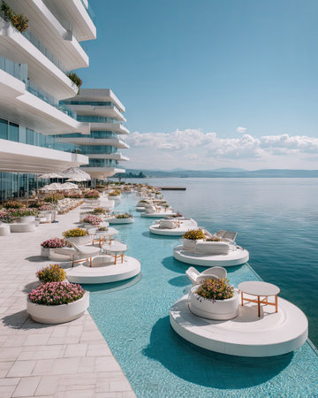 This image features a modern architectural design with a series of circular platforms surrounded by water. The composition showcases clean lines and white structures contrasted by blue tones. The scene is illuminated by daylight, suggesting a coastal setting. Suitable for various design, travel, or lifestyle projects.の素材