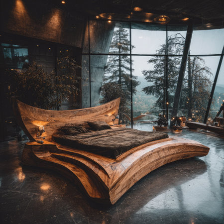 A luxuriously designed bedroom features a prominent wooden bed as the focal point. The scene showcases a contemporary style, characterized by sleek lines and natural textures. A large window offers a panoramic view of the outdoors, suggesting a peaceful, natural environment suitable for various commercial or editorial applications.の素材