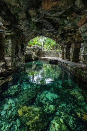 An archway constructed of textured stone frames a pool of clear water. The water reflects the archway's details and the green foliage visible in the distance. The lighting suggests an outdoor environment, potentially useful for travel and environmental publications.の素材