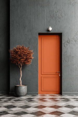 An orange door stands out against a textured dark gray wall in an interior setting. A small tree in a pot adds a natural element. The scene is well-lit, with the composition suggesting a modern design aesthetic. Suitable for various uses, this image could enhance marketing materials or editorial content.の素材