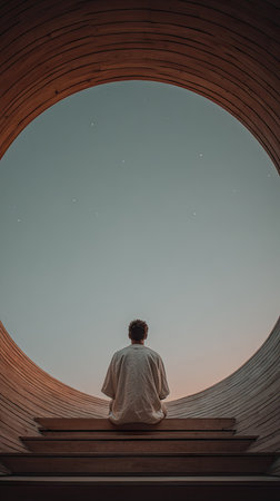 A person is seated in a wooden structure, gazing towards the sky through a circular opening. The image features a minimalist style with warm tones and soft lighting. This composition could be used for conceptual projects, travel related content, or materials centered around mindfulness and solitude.の素材