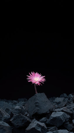 A single pink flower stands out against a deep black backdrop, its petals delicately lit. The composition features a contrast between light and dark, with the flower's texture visible. This image, possibly captured in an outdoor environment, has potential uses for visual storytelling, creative projects and editorial content.の素材