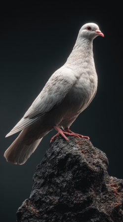 A white pigeon is perched on a dark-colored rock, showcasing its detailed plumage. The bird is the central focus, illuminated by a spotlight. The image features high contrast, enhancing texture. This image could be used for various commercial projects related to nature or wildlife, as well as editorial content.の素材
