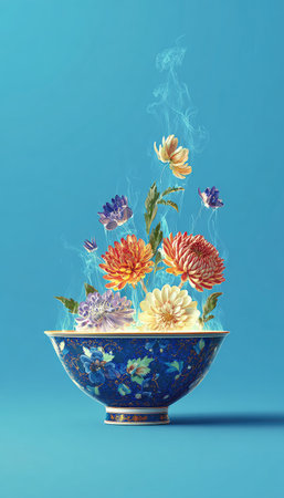 An artistic composition features a bowl filled with colorful flowers, with steam rising from the arrangement against a solid blue backdrop. The style presents a studio shot with soft lighting. This image is suitable for various commercial purposes, including advertising and editorial content.の素材