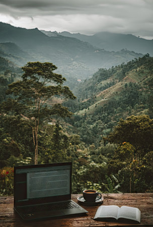 A laptop, coffee cup, and open book sit on a wooden table, with lush green mountains and a cloudy sky providing a scenic backdrop. The composition features natural lighting and a slightly blurred background. It could be suitable for articles related to remote work or lifestyle topics.の素材