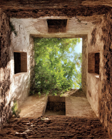 An upward perspective reveals an aged stone structure framing a view of vibrant green foliage and a clear blue sky. The composition features rough, textured walls with various openings. The lighting suggests a bright day with a potential use for architectural, environmental, or artistic concepts.の素材