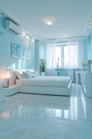 A modern bedroom interior features a bed, furnishings, and decor bathed in blue tones. Natural light streams through the windows, creating a bright ambiance. The composition highlights clean lines, soft textures, and a minimalist style, suitable for various editorial and commercial applications.の素材