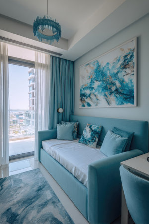 A well-lit living space features a turquoise sofa and complementing accents. The room showcases a large window with sheer curtains. An abstract artwork hangs above the sofa. This image may be suitable for use in design publications, advertising, or as a backdrop for various creative projects.の素材