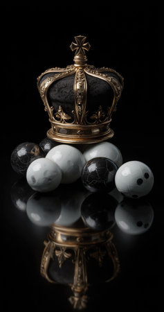 An antique crown sits atop a collection of spherical objects, presented against a stark black backdrop. The composition features a variety of textures and tones. The overall look conveys a sense of luxury and could be applicable for editorial and commercial projects. This scene uses lighting to create highlights and shadows.の素材