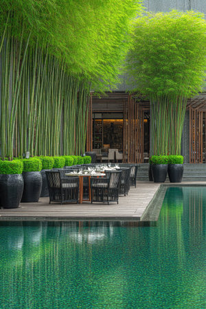 An inviting outdoor dining space showcases a clear reflecting pool. Towering green bamboo provides a natural backdrop. Tables and chairs are arranged in a well-lit area, creating a serene environment. This image could be suitable for editorial use or as a visual for articles related to leisure and design.の素材