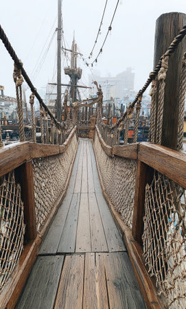 A wooden suspension bridge leads towards a ship with masts, set outdoors on a cloudy day. The structure displays rustic wooden planks and rope details. The scene suggests a nautical environment, perhaps suitable for editorial content, marketing materials, or visual concepts.の素材