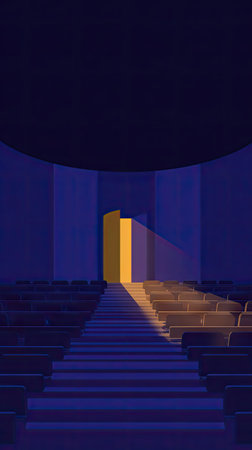 An illustration depicts a grand interior scene, featuring ascending steps leading towards an illuminated doorway. The artwork showcases a stark contrast between cool blues and warm gold tones. The composition employs strong shadows and dramatic lighting, creating a sense of depth and mystery, suitable for various editorial and commercial applications.の素材