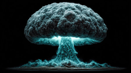 An illustration depicts a large, mushroom-shaped cloud emitting vibrant blue light against a stark, black backdrop. The composition features a textured, smoky appearance, creating a sense of intense energy. Suitable for use in conceptual designs or editorial content, emphasizing power or impact.の素材
