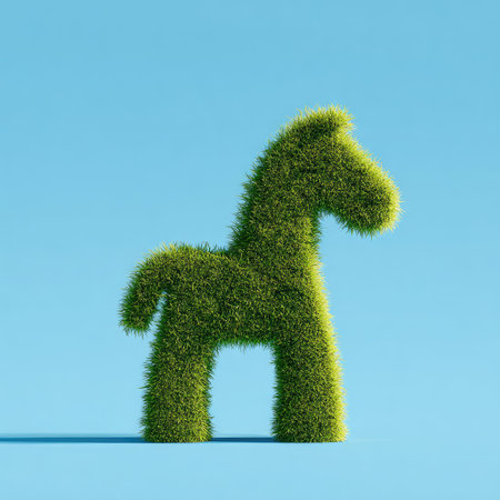 A green horse statue is presented against a seamless blue background. The sculpture is rendered in a grass-like texture, showcasing a natural aesthetic. The composition utilizes overhead lighting. This image could be utilized in various advertising or editorial contexts.の素材