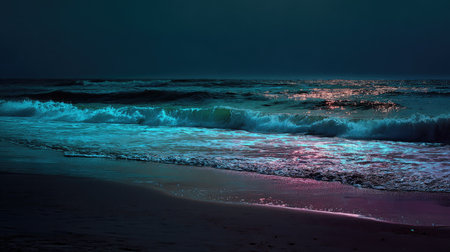 Dramatic view of ocean waves under a dark sky. The water displays varying shades of blue and turquoise, with hints of red and pink. The composition highlights the water's texture and movement. Suitable for projects requiring atmospheric visuals or artistic representations.の素材