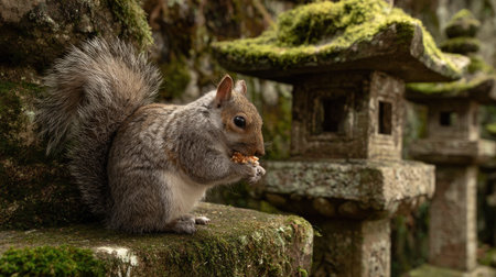 A squirrel is observed holding a nut, positioned near aged stone lanterns. The scene reveals a natural outdoor environment, characterized by shades of green and brown. The image presents a blend of wildlife and traditional structures, suitable for diverse commercial applications.の素材