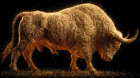Bull with golden dust on a black background. 3D rendering.の素材