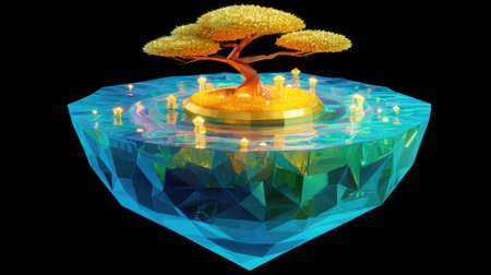 3d rendering of a tree in a crystal pot on a black backgroundの素材
