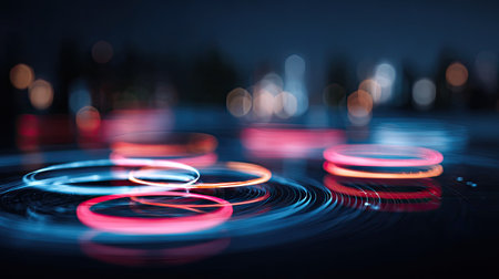 This image showcases glowing rings of light against a dark background, possibly suggesting technology or data visualization. The composition employs blurred bokeh effects to enhance depth and create a vibrant display. The use of neon colors and a smooth surface might suit diverse commercial applications, including web design and advertising.の素材