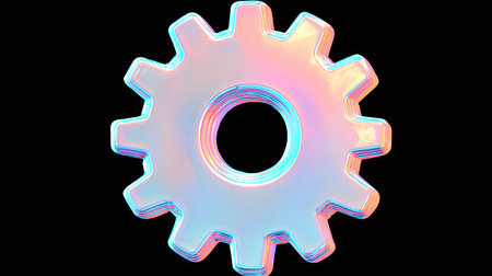 An isolated image showcases a stylized gear against a dark backdrop. The gear displays a spectrum of iridescent colors, highlighting its metallic texture. The composition suggests digital design, with vibrant hues and a minimalist style. Suitable for graphic design, web design, or illustrating concepts of mechanics or technology.の素材