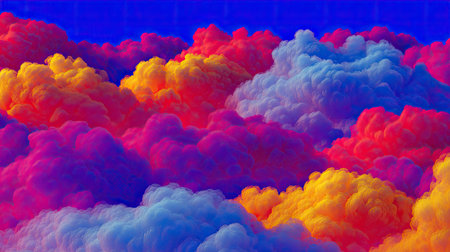 This image presents an abstract composition of vibrant, multicolored clouds against a gradient blue backdrop. The style emphasizes soft textures and gradients, creating a visually rich and dynamic effect. Suitable for various applications, it could enhance designs needing a touch of color or conceptual imagery.の素材