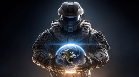 An astronaut in a futuristic protective suit is featured, holding a glowing representation of Earth. The image utilizes dramatic lighting and a dark background to emphasize the subject. This composition evokes a sense of protection and the importance of our planet, suitable for various editorial and commercial applications.の素材