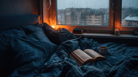 A tranquil indoor scene captures a bedroom with a focus on an open book, resting on a bed covered in dark blue bedding. The lighting, provided by soft candles, casts a warm glow, with a window showcasing a rainy cityscape. This image is suited for illustrating concepts related to relaxation, reading, or home lifestyle, suitable for various editorial uses.の素材