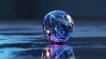 An illuminated crystal sphere rests on a reflective surface, showcasing intricate internal structures. The image features a blue and purple color scheme with highlights and shadows, conveying depth. This digitally created artwork is suitable for various commercial purposes, including graphic design projects and visual content.の素材