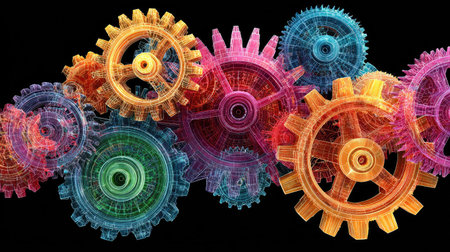 This image features a collection of colorful gear wheels, rendered with a wireframe effect. The composition showcases a diverse range of colors, creating a visually dynamic interplay. The illustration could be utilized in various commercial and editorial projects focused on technology or engineering concepts, conveying the idea of interconnected systems.の素材