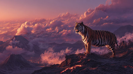 A Bengal tiger stands atop a rocky landscape, illuminated by a warm sunset. The image displays a gradient of colors from deep purples to bright oranges and pinks. The tiger's striped coat is visible, and the composition evokes a sense of adventure and the beauty of nature. Suitable for various editorial and commercial projects.の素材