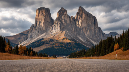An image captures towering mountain peaks with a road in the foreground. The scene presents a high-angle composition with prominent rock formations. The lighting appears natural, with a cloudy sky overhead. The photo could serve a variety of commercial or editorial applications such as travel publications or outdoor advertising.の素材