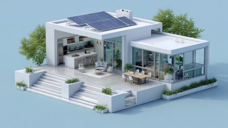This image showcases a modern house featuring solar panels, an open-plan kitchen, and a dining area. The house is rendered with clean lines and a contemporary style. The color palette includes white, with green accents from surrounding trees. Suitable for various architectural, design, and environmental publications and applications.の素材