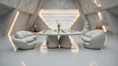 This image showcases a modern interior featuring sleek, white furniture and a unique architectural design. The scene is illuminated by soft, overhead lighting, creating a bright and airy atmosphere. The composition emphasizes clean lines and minimalist aesthetics. Suitable for use in design concepts, architectural visualizations, or editorial content.の素材