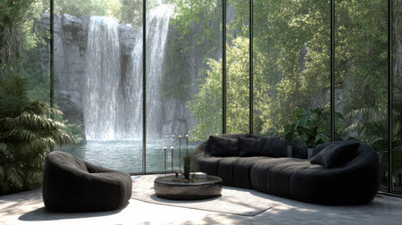 An interior shot showcases a contemporary living space. The room features dark-colored furniture. Large glass windows offer a view of a cascading waterfall and lush greenery. The scene presents a blend of indoor comfort and natural surroundings, suitable for various editorial and commercial applications.の素材