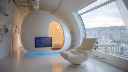 This image presents a modern interior design featuring a futuristic white pod with a TV screen and a comfortable chair. The room is filled with bright, natural light from a large window overlooking a cityscape. It showcases minimalist style and could be used for architectural concepts or lifestyle themes.の素材
