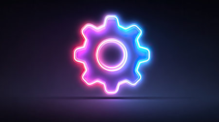 A vibrant neon gear icon is illuminated against a dark backdrop. The object exhibits a gradient of purple and blue, creating a luminous effect. The composition is likely digitally rendered, showcasing smooth curves and a glossy texture. Suitable for various design projects, including technology, business, and web design.の素材