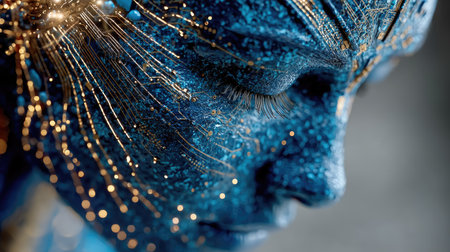 An artistic close-up reveals a person with textured blue skin, adorned with delicate golden light patterns. The image features a shallow depth of field, emphasizing the intricate details. The style suggests a science fiction or fantasy setting with possible applications in advertising or conceptual design. Soft lighting creates a dreamlike atmosphere.の素材