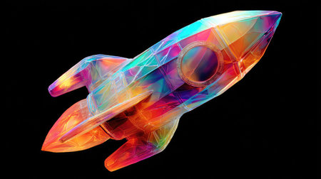 An illustration depicts a vibrant, multi-colored rocket ship against a black backdrop. The artwork features diverse hues and a transparent, crystalline effect. This digital graphic might be suitable for various commercial purposes, including website design or print materials, offering a modern aesthetic.の素材