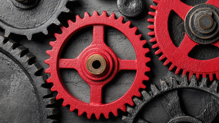 This close-up image showcases a complex arrangement of gears, with a vivid red gear at the center of attention. The metallic textures and contrasting colors create a visually compelling composition. The gears are presented in a close-up shot, offering a glimpse of their mechanical intricacies. It may be suitable for illustrating concepts such as industry and engineering.の素材