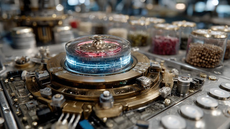 The image features a complex machine with circular components and a transparent cover. The design incorporates metallic colors and intricate details. Soft lighting illuminates the scene, hinting at a laboratory or technological setting. This image could be used for various commercial and editorial purposes.の素材