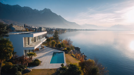 An aerial view presents a contemporary home featuring a swimming pool, situated along a serene lake. The composition highlights the building's minimalist design, framed by natural elements such as water, trees, and distant mountains. This image could be used for architectural concepts or luxury lifestyle themes.の素材