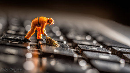 A miniature figure dressed in orange overalls is shown cleaning the keys of a computer keyboard. The image displays a macro view, showing the keys in detail. The scene is illuminated by soft light, producing bokeh effects in the background. It could be useful for illustrating concepts around technology or data.の素材
