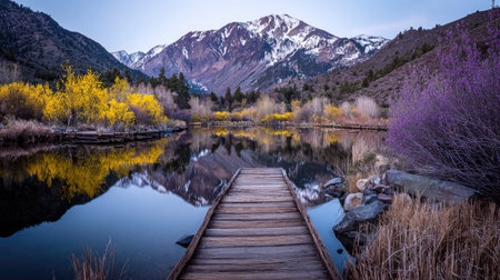 This image showcases a tranquil mountain lake scene with a wooden boardwalk extending towards the water. The landscape features snow-capped mountains, colorful foliage, and a calm water surface, reflecting the surroundings. The composition displays soft lighting suggesting a dusk or dawn environment, suitable for various editorial and commercial applications.の素材