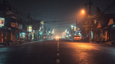 An atmospheric night scene captures a road lined with buildings, illuminated by streetlights and storefront signs. The composition features a long perspective, soft focus, and a palette of warm and cool tones. The image could be used for various commercial or editorial purposes, showcasing urban environments or nocturnal atmospheres.の素材