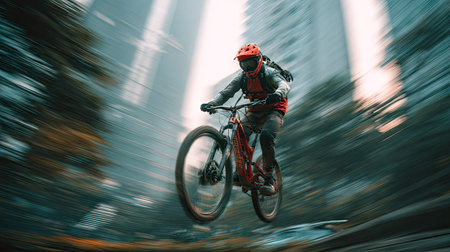 A mountain biker is shown in dynamic motion riding a bicycle downhill. The image features a shallow depth of field, with a blurred background. The subject is wearing protective gear. This image could be used for editorial and commercial purposes.の素材