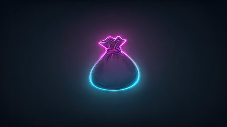 An illuminated money bag is displayed against a dark background. The graphic uses a neon-style outline in blue and pink, creating a vibrant effect. It could be suitable for business, finance, or design projects. The minimalist composition makes it versatile for a variety of visual applications.の素材